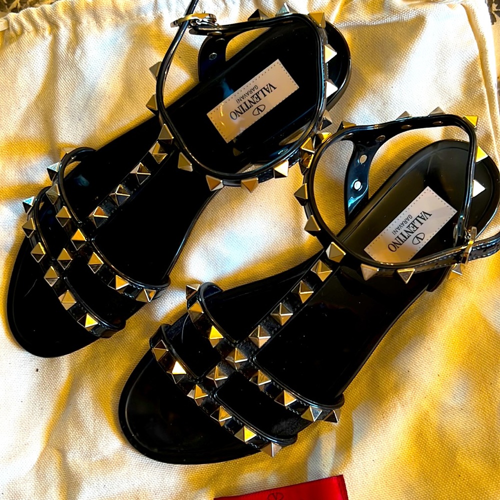 Black Valentino rockstud rubber flat cage sandal
